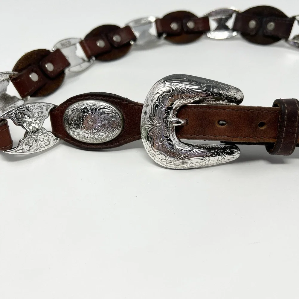 Vinntage Tony Lama USA 5297LWestern Brown Leather Silver Concho Belt Size 34 - Picture 3 of 13